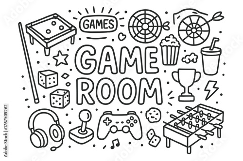 Game Room Doodle. Game Room. Hand-drawn doodle illustration of Game Room. pool table, cue stick, dartboard,