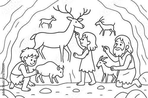 Cave Art Coloring. Cave paintings children?s coloring book illustration, outlined drawing, prehistoric people