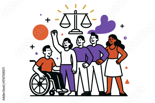 Unity in Diversity. Equal opportunities. People of varying abilities and genders standing together under a