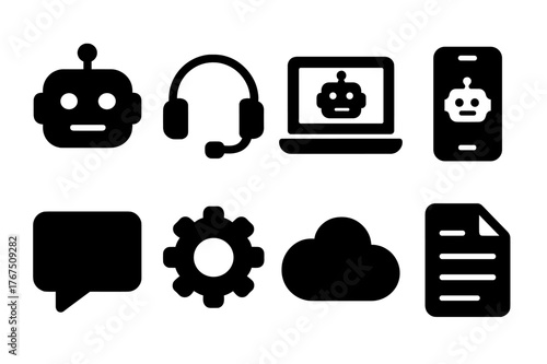 Virtual Assistant Icons. Virtual assistant. Filled icon set of Virtual assistant: robot, headset, laptop,