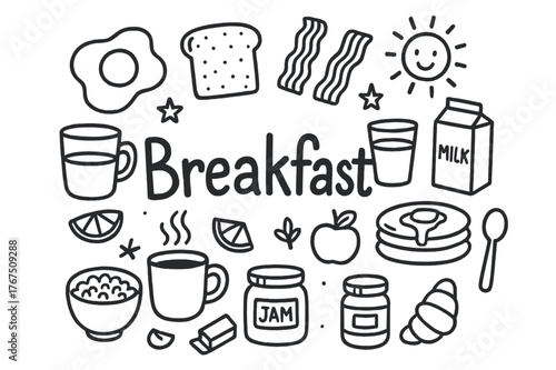 Doodle Breakfast Icons. Breakfast. Hand-drawn doodle illustration of breakfast. Fried egg, toast, bacon,
