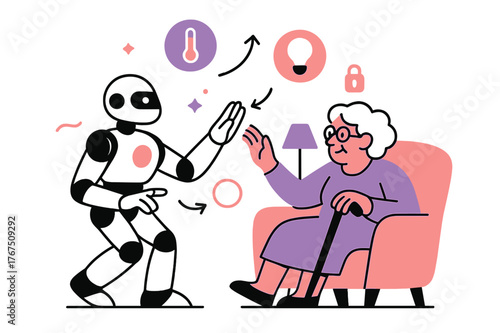 Smart Home Care. Smart home care. A domestic robot interacting with connected home devices?temperature, lights