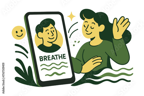 Calming Tech Interface. Calm through technology. A digital companion app on a phone showing breathing