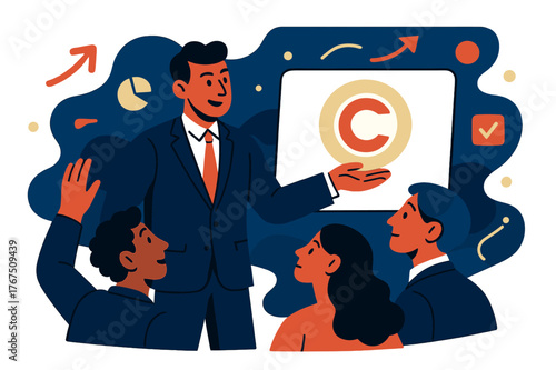 Virtual CEO Presentation. Corporate identity. A CEO avatar presenting a glowing company logo to investors in a