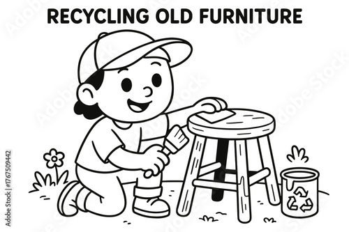 Recycling Furniture Coloring. Recycling old furniture children?s coloring book illustration, outlined drawing,