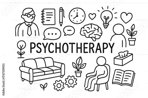 Psychotherapy Doodle Icons. Psychotherapy. Hand-drawn doodle illustration of Psychotherapy. therapist icon,