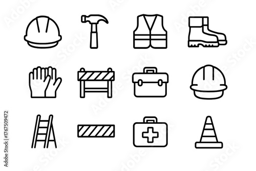 Construction Safety Icons. Construction safety. Line outline icon set of construction safety: helmet, hammer,