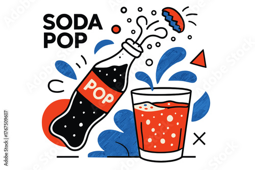 Effervescent Soda Delight. Soda Pop. A bottle cap pops off with fizzing bubbles rising into the air. A glass