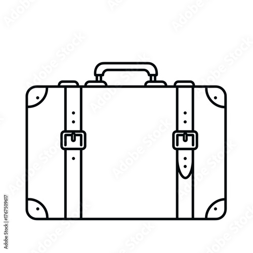 Minimalist line art of a vintage suitcase with straps and buckle details