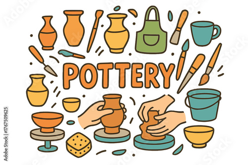 Colorful Pottery Doodles. Pottery. Hand-drawn doodle illustration of Pottery. Clay pot, vase, sculpting tool,