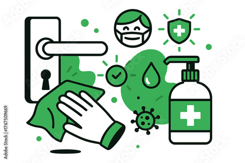 Hygiene Awareness Art. Safety first. A hand sanitizer bottle and cloth floating next to a freshly wiped handle