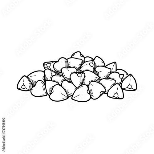 Detailed Black and White Illustration of Buckwheat Groats Pile.