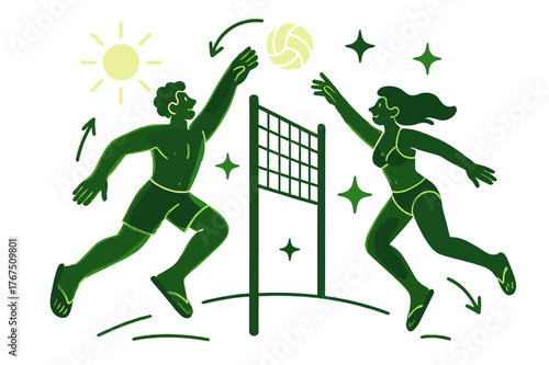 Energetic Beach Volleyball. Beach volleyball. Glowing characters in swimsuits and sandals jumping and spiking