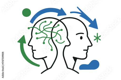 Evolving Minds. Adaptive thinking. A profile view of two overlapping heads, one forming and another reforming