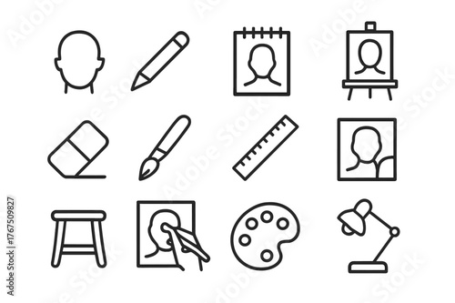 Portrait Drawing Icons. Portrait drawing. Line outline icon set of portrait drawing: face outline, pencil,