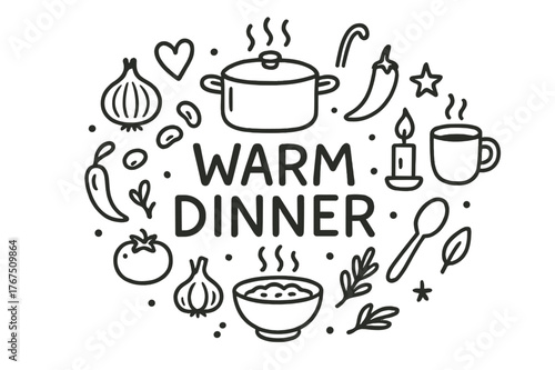 Warm Dinner Doodle. Warm Dinner. Hand-drawn doodle illustration of Warm Dinner. big pot, ladle, bowl, spoon,