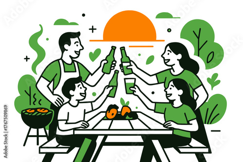 Sunset Family BBQ. Sunset BBQ gathering. Family members toast drinks over a long picnic table, soft orange