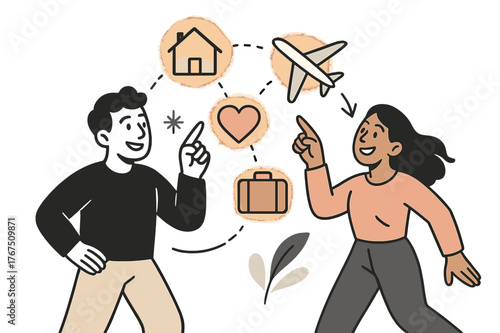 Dreams in Motion. Future dreams. Two characters pointing at glowing floating vision board icons?house,