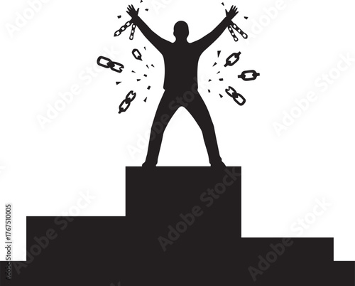 Celebratory person on podium breaking chains symbolizing freedom human rights day victory