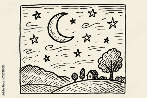 Calm Night Doodle. Calm night. Hand-drawn doodle illustration of calm night.