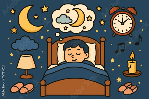 Peaceful Nighttime Dream. bed, pillow, blanket, sleeping face, moon, stars, cloud, dream bubble, alarm clock,