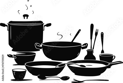 Kitchen cookware icon set with pots, pans, utensils, bowls, and cups in black silhouette vector style for culinary design