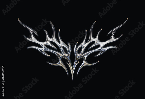 Chrome gothic tribal flame sigil with Y2K aesthetic, liquid mercury shine, cyber metallic abstract tattoo artwork, and futuristic illustration design that highlights reflective chrome effect