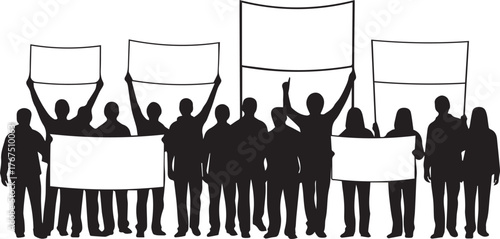 Silhouettes of people protesting with blank signs and banners for human rights day