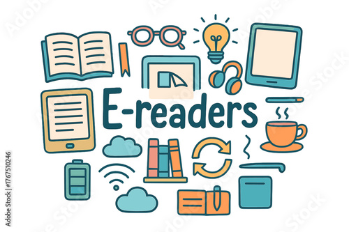 E-Reader Doodle Art. E-readers. Hand-drawn doodle illustration of E-readers. E-reader device, open book,