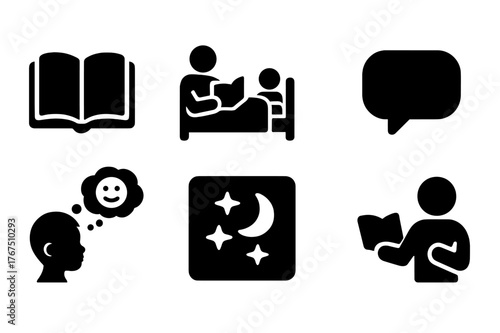 Family Storytelling Icons. Family storytelling. Filled icon set of family storytelling: open book, bedtime