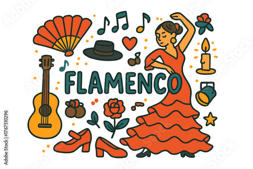 Flamenco Celebration Doodle. Flamenco. Hand-drawn doodle illustration of flamenco. Fan, guitar, dancer, dress,