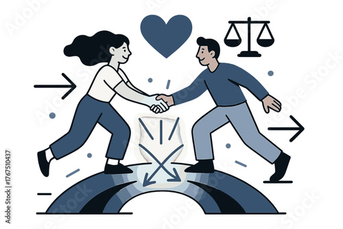 Harmony on Bridge. The role of compromise in healthy relationships. Two characters meeting halfway on a