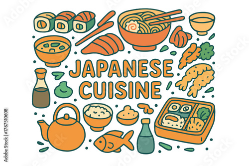 Japanese Cuisine Doodles. Japanese cuisine. Hand-drawn doodle illustration of Japanese cuisine. Sushi rolls,