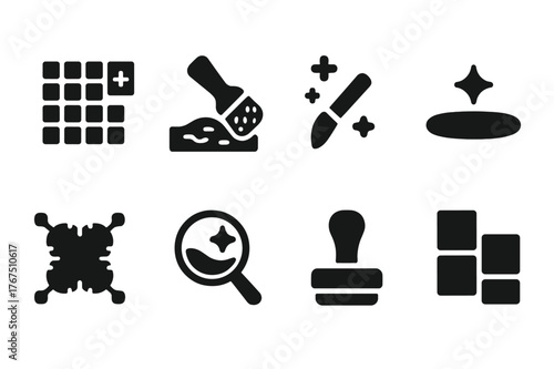 Texture Repair Icons. Texture repair. Filled icon set of texture repair: pixel grid, pattern brush, noise