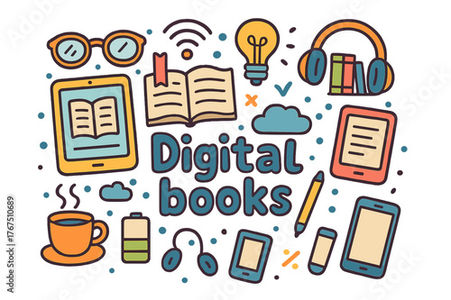 Digital Books Doodle. Digital books. Hand-drawn doodle illustration of Digital books. Tablet, open book,