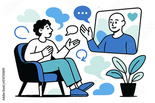 Virtual Therapy Connection. Virtual therapy session. A person sitting in a cozy space with a holographic AI