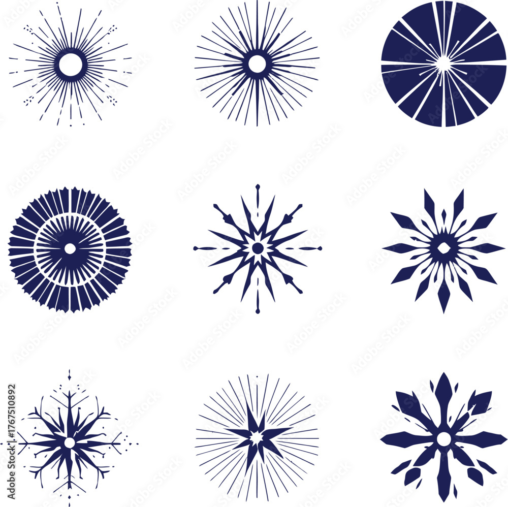Obraz premium Abstract snowflake icon set with symmetrical starburst and radial geometric patterns in dark blue vector style