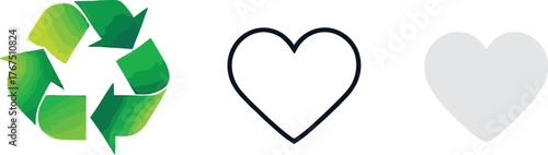 Recycling and heart icon set with green triangle, black outline, and gray filled symbols in clean vector style