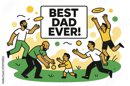 Playful Fathers' Day Fun. Fathers at play. Dads toss frisbees and play catch on green grass, joyful movement