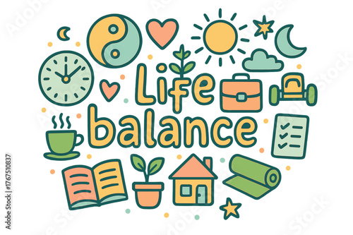 Life Balance Doodles. Life balance. Hand-drawn doodle illustration of life balance. Yin-yang, clock, heart,