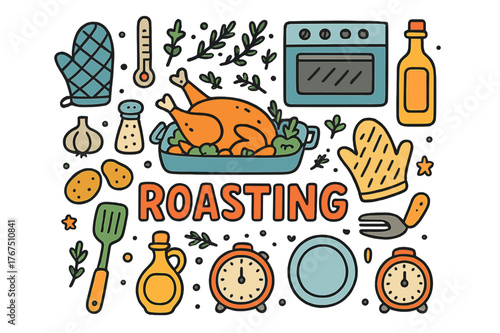 Roasting Doodle Art. Roasting. Hand-drawn doodle illustration of roasting. Oven, roasting pan, chicken,