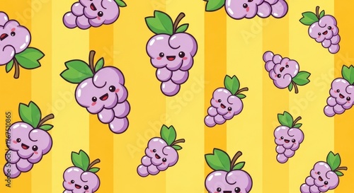 Cute cartoon grape clusters scattered on striped yellow background