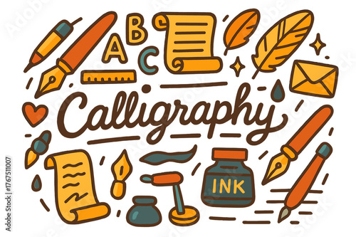 Colorful Calligraphy Doodle. Calligraphy. Hand-drawn doodle illustration of calligraphy. Pen, ink bottle,