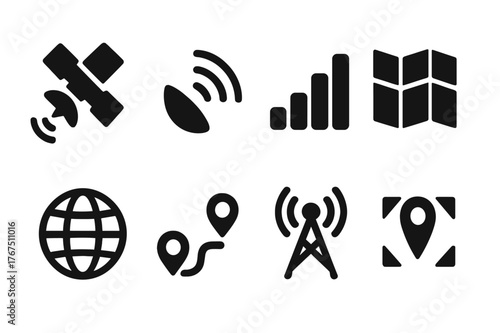 Navigation Icons Grid. Navigation technology. Filled icon set of navigation technology: satellite icon, radar