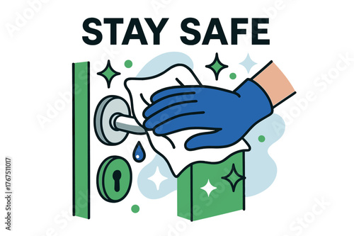 Cleaning for Safety. Wiping down door handles. A hand wearing a glove cleans a shiny door handle with a