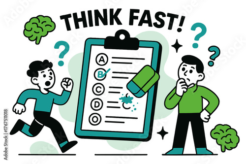 Quiz Time Sparkles. Class quiz time. A clipboard with a test sheet and eraser marks, surrounded by icons of