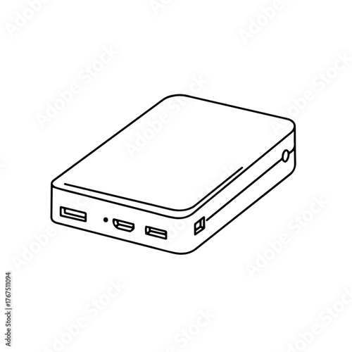 Line art illustration of a portable power bank with multiple ports