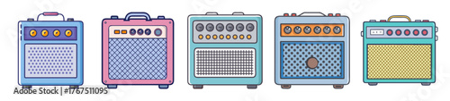 Collection of five stylized guitar amplifier graphics