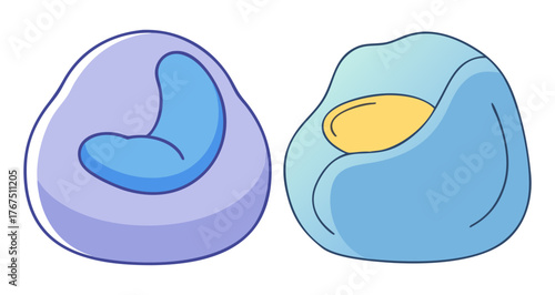 Two cartoon bean bag chairs with blue and purple colors