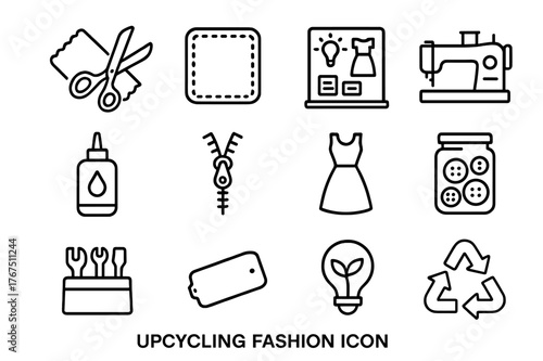 Upcycling Fashion Icons. Upcycling fashion. Line outline icon set of upcycling fashion: scissors and fabric,